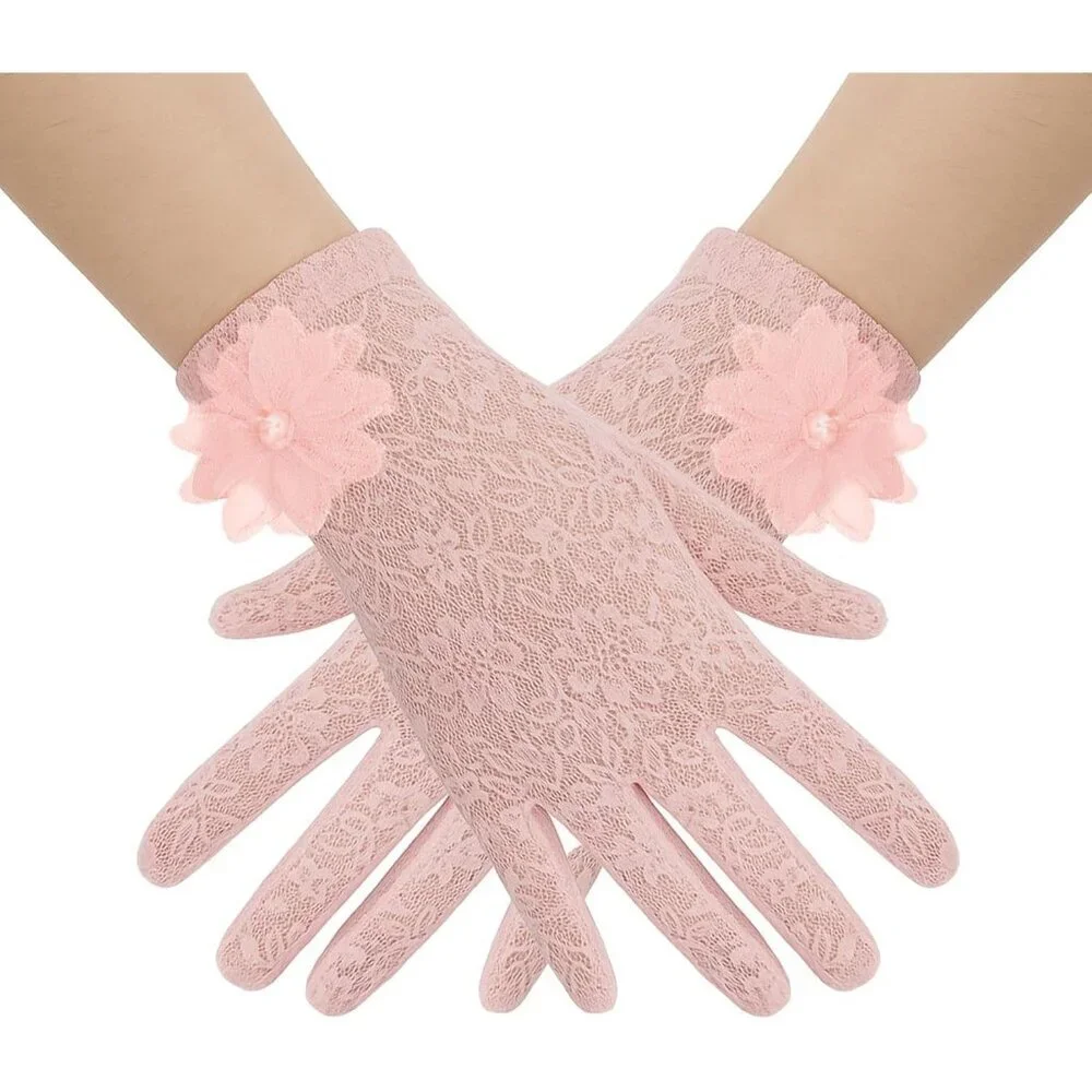 Women's Embroidery Light Pink Short Lace Wrist Gloves Design Party Accessories
